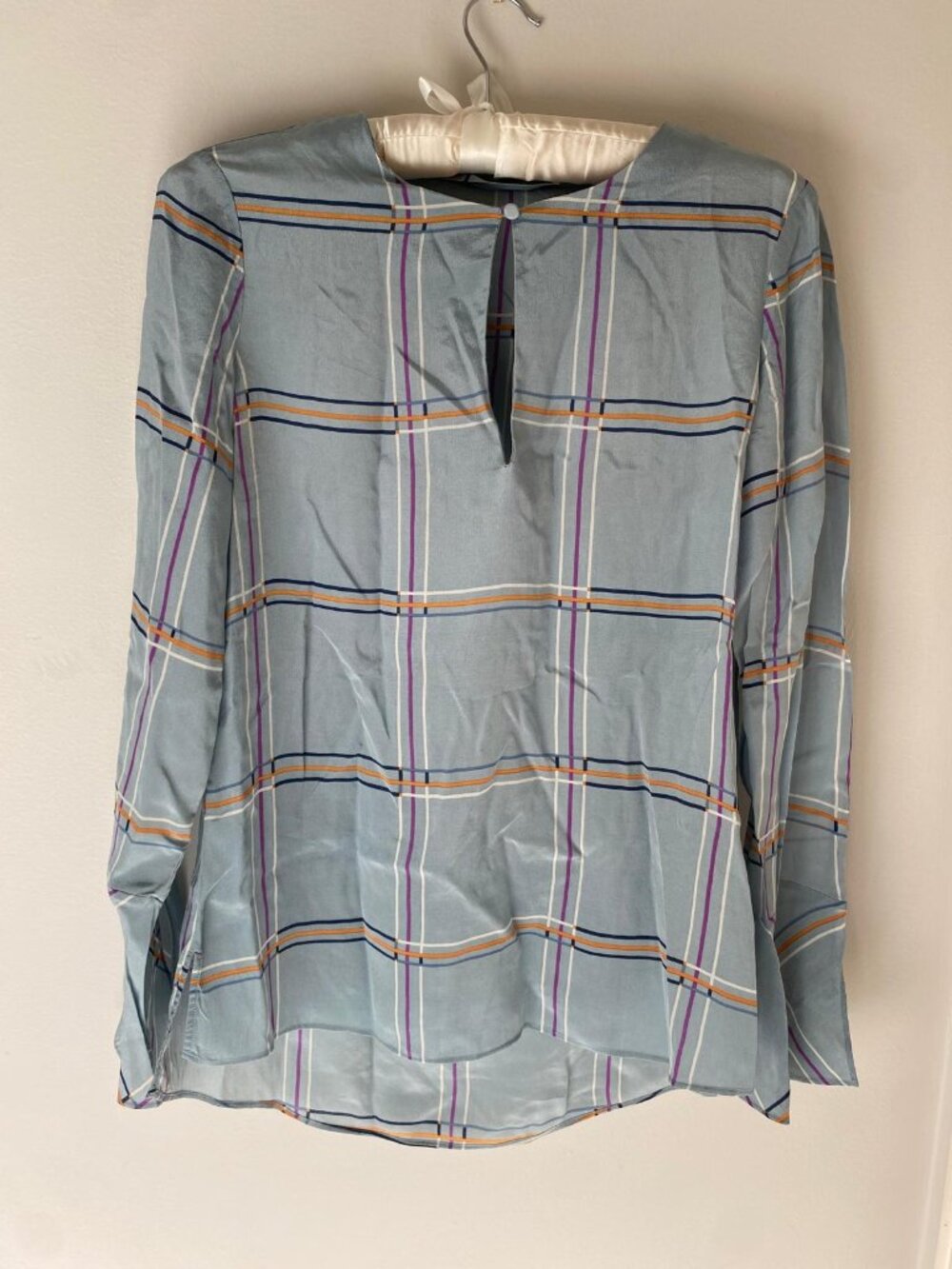 Massimo Dutti Blue Plaid 100% Silk Keyhole Blouse - Size 2 / XS